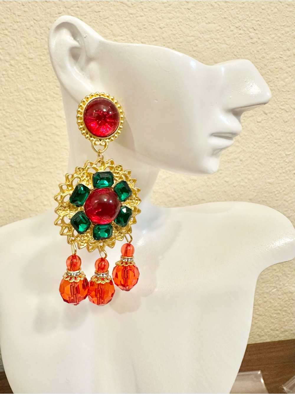 Gold-Plated Red & Green Statement Drop Earrings